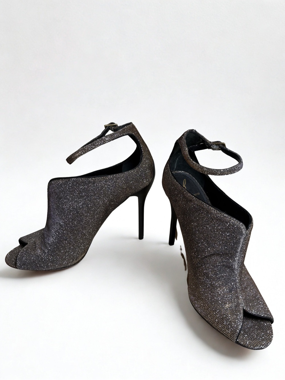 Brian Atwood Glitter Pewter Peep-Toe Ankle-Strap Stilettos